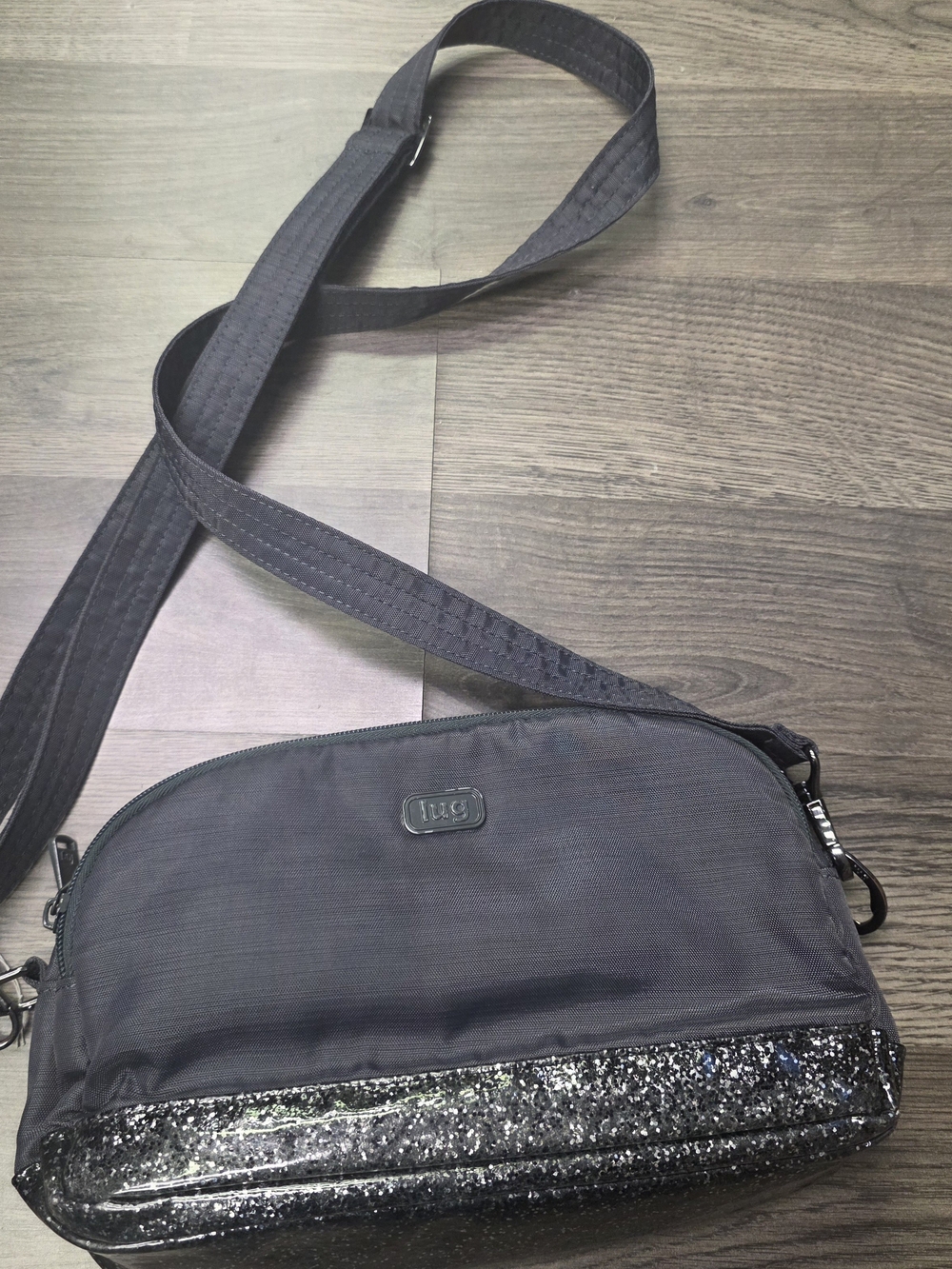 lug Black Crossbody Bag with Glitter Trim